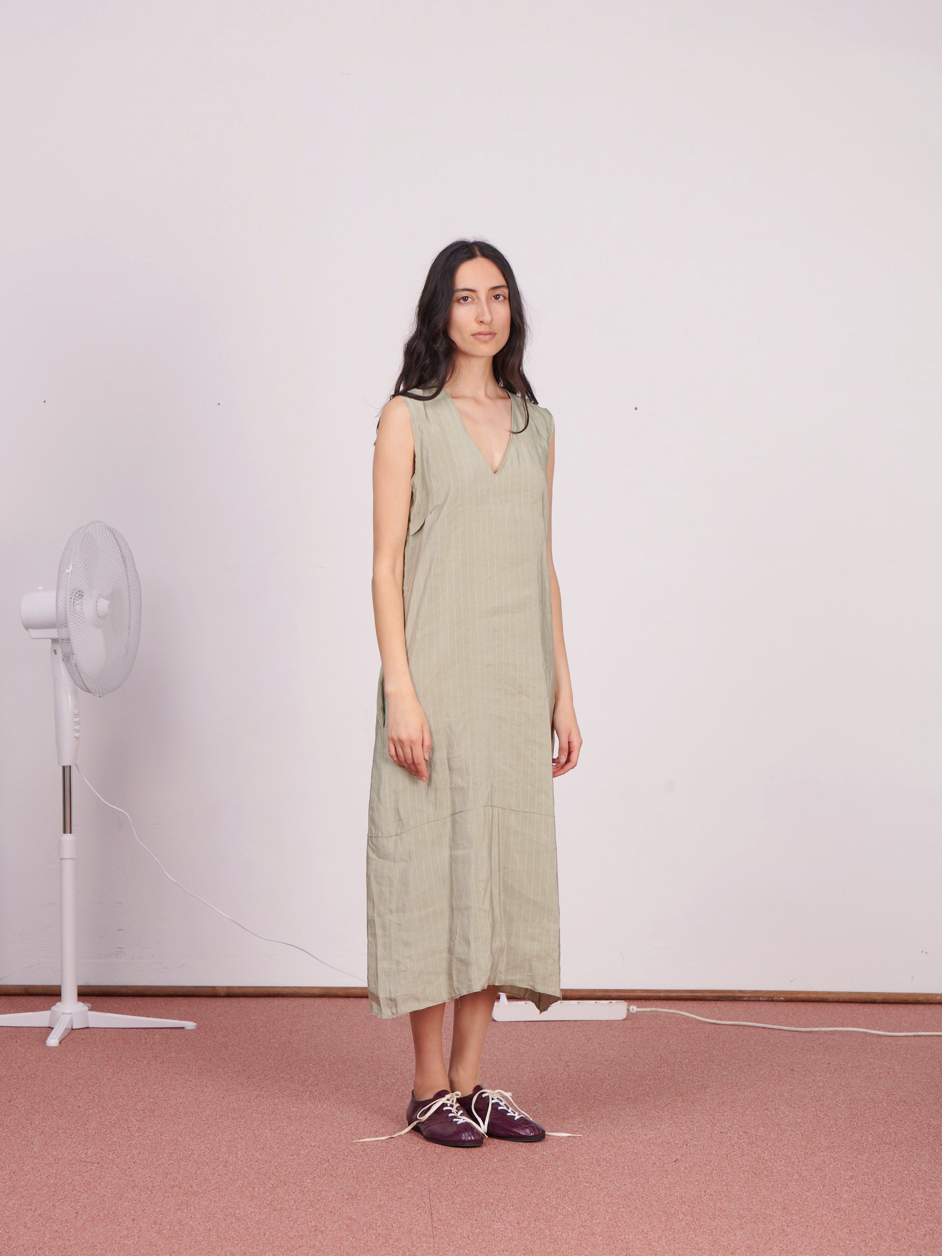 CF.23.08.04.02 V-NECK DRESS silky shirting green/blue stripe