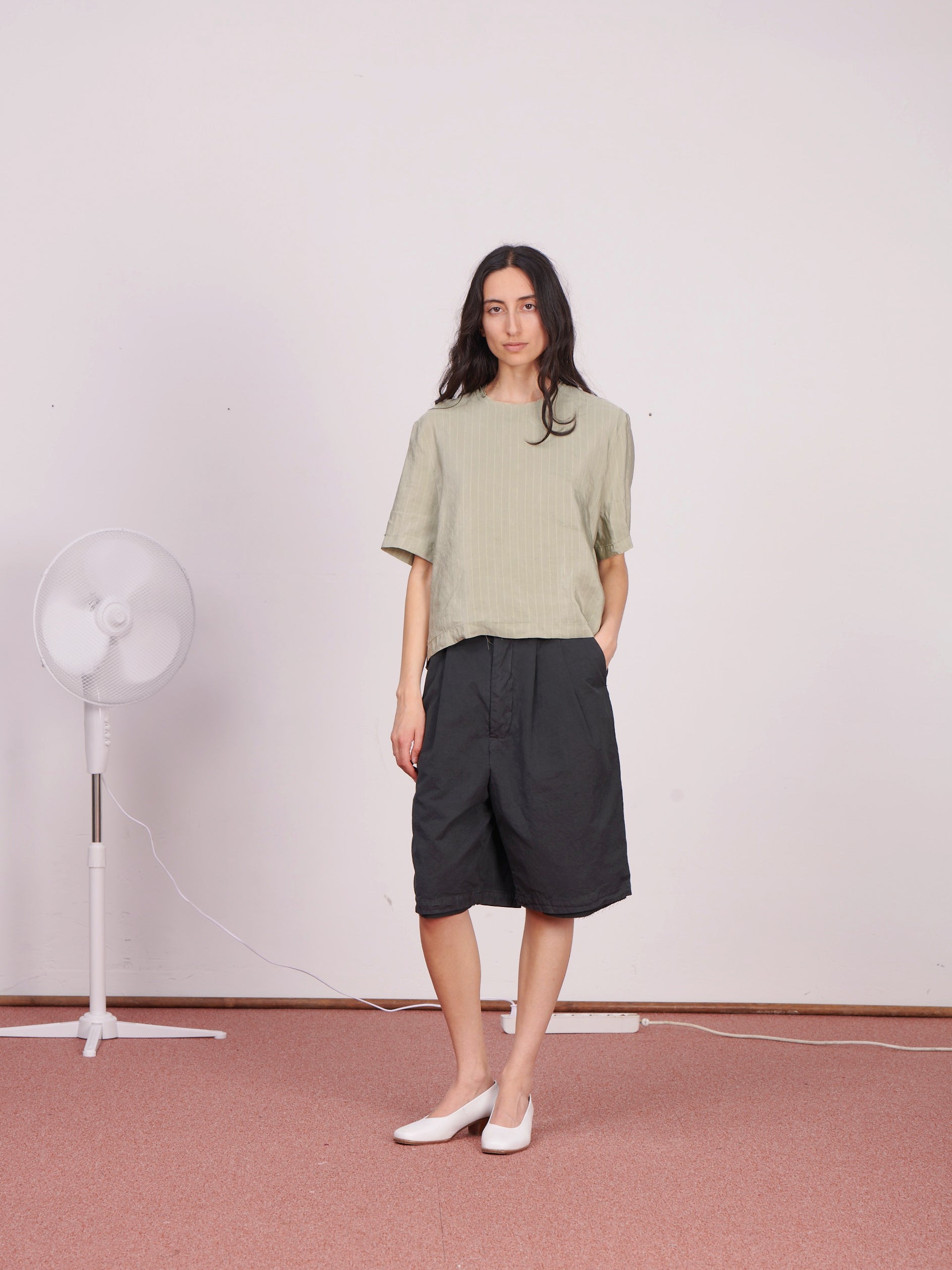 CF.23.05.03.02 NORMAL TEE TOP silky shirting green/blue stripe