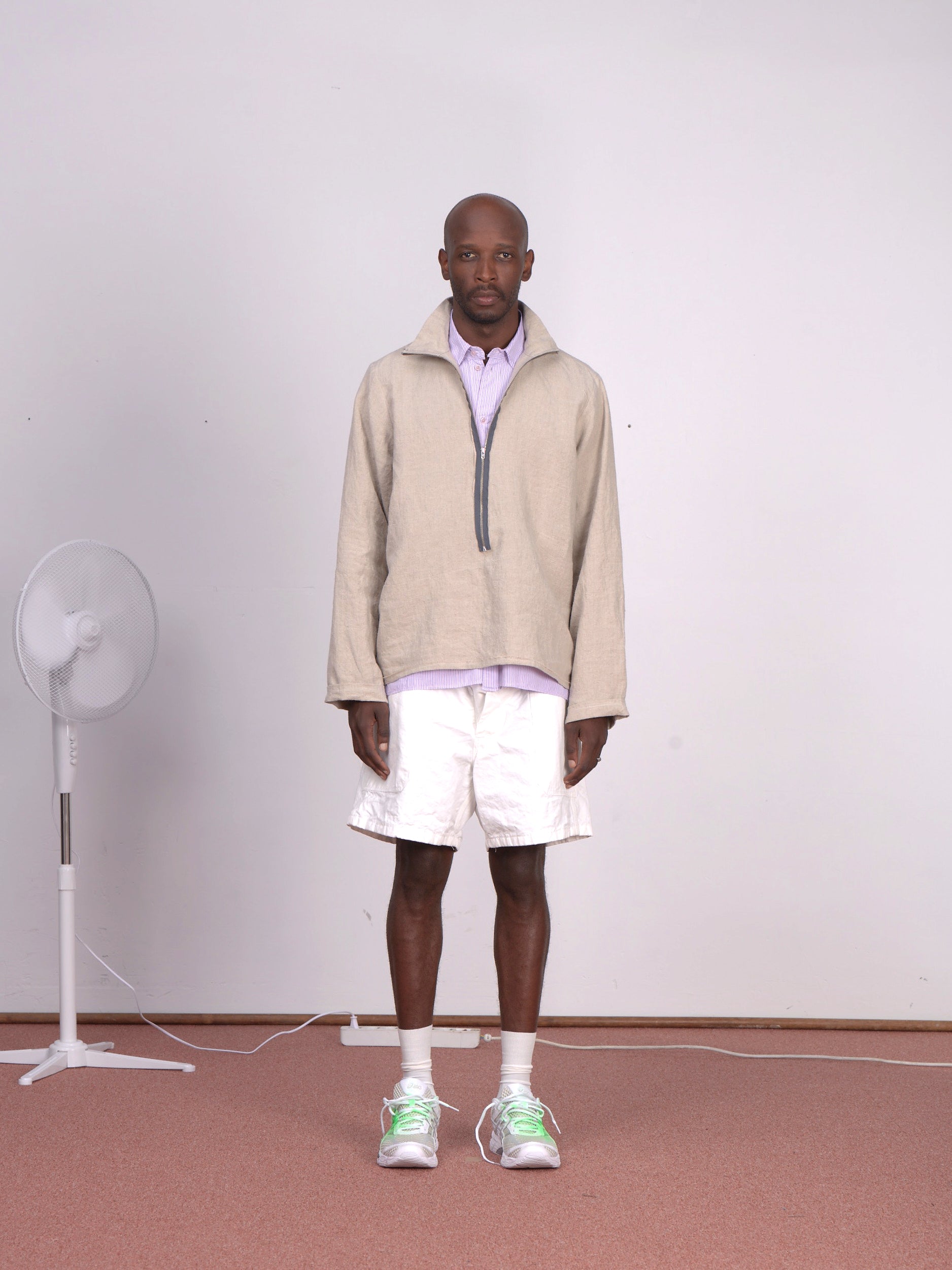 CF.23.04.04.02 LS - HALF ZIP STRIPE SHIRT medium weight linen sand