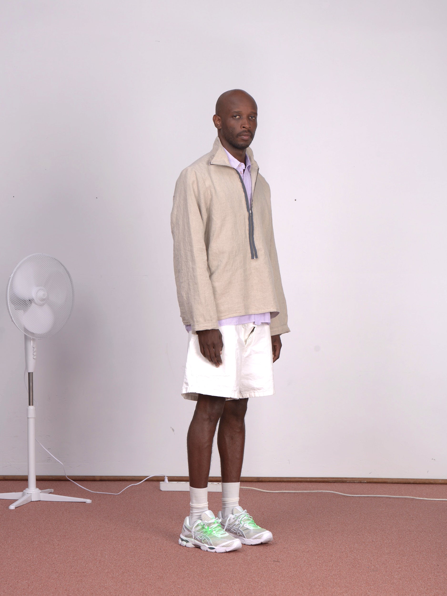 CF.23.04.04.02 LS - HALF ZIP STRIPE SHIRT medium weight linen sand