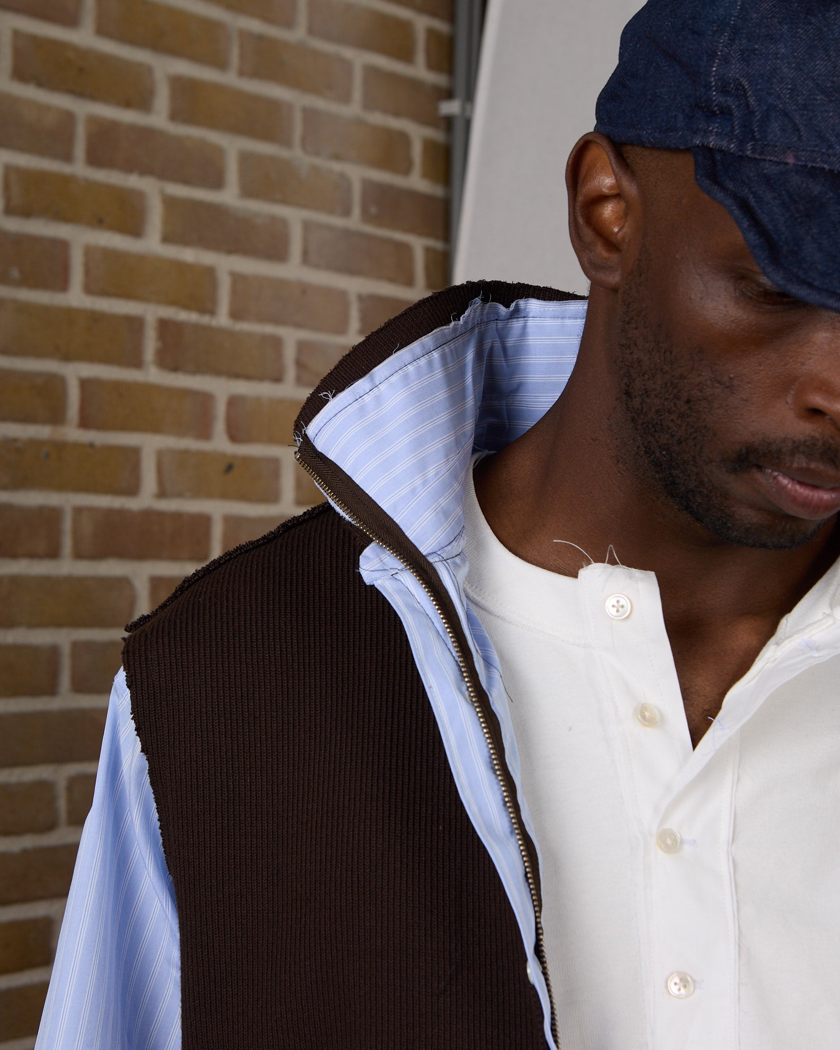 CF.23.RESEARCH.17.10 ZIP KNIT VEST/SHIRT papertouch shirting blue + brown