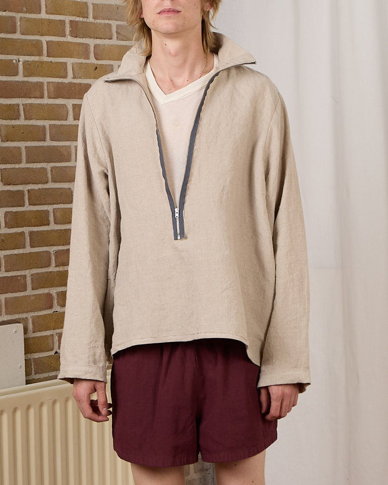 CF.23.04.04.02 LS - HALF ZIP STRIPE SHIRT medium weight linen sand