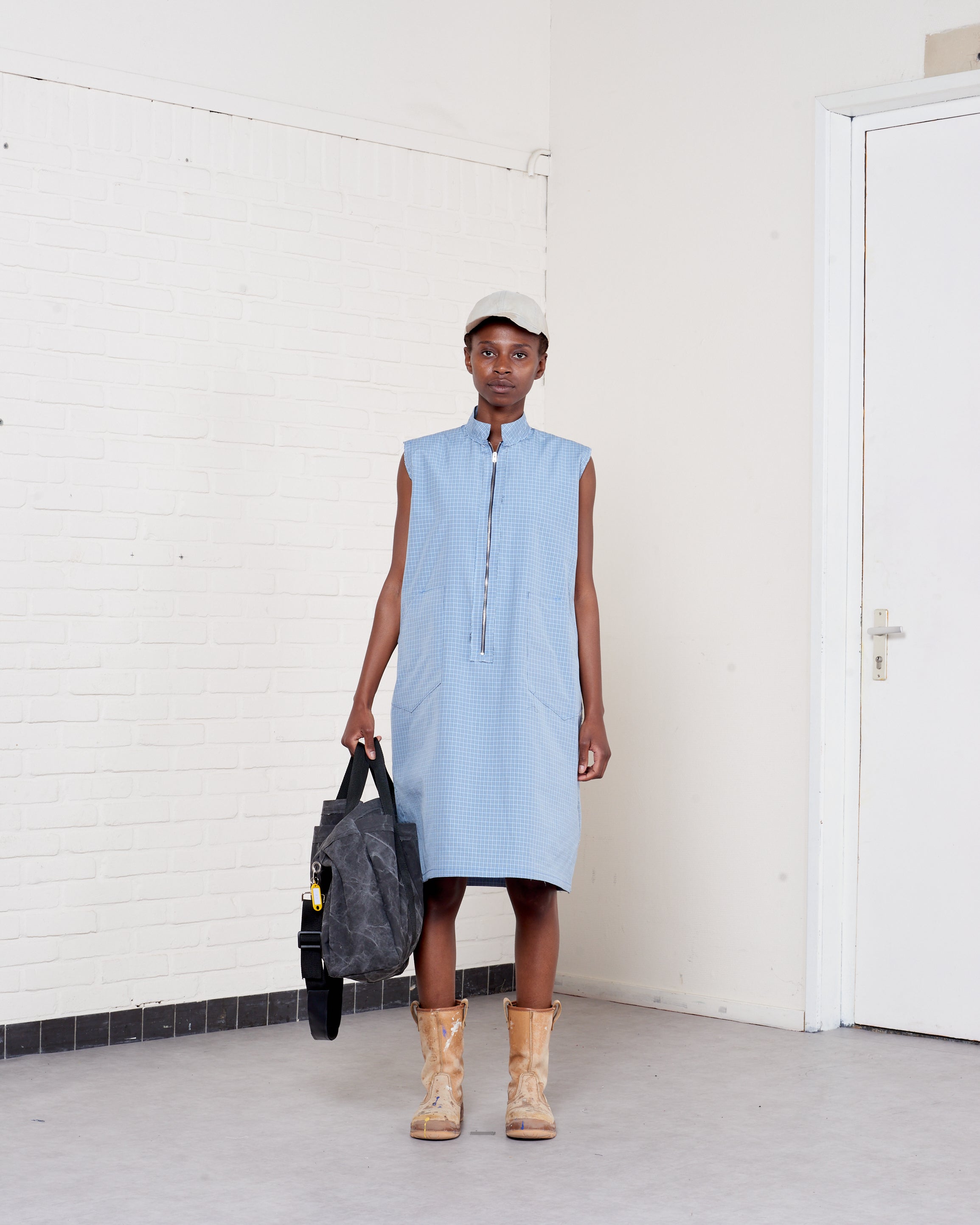 CF.21.08.04.01 ZIP DRESS poly/cotton check blue/grey/white check