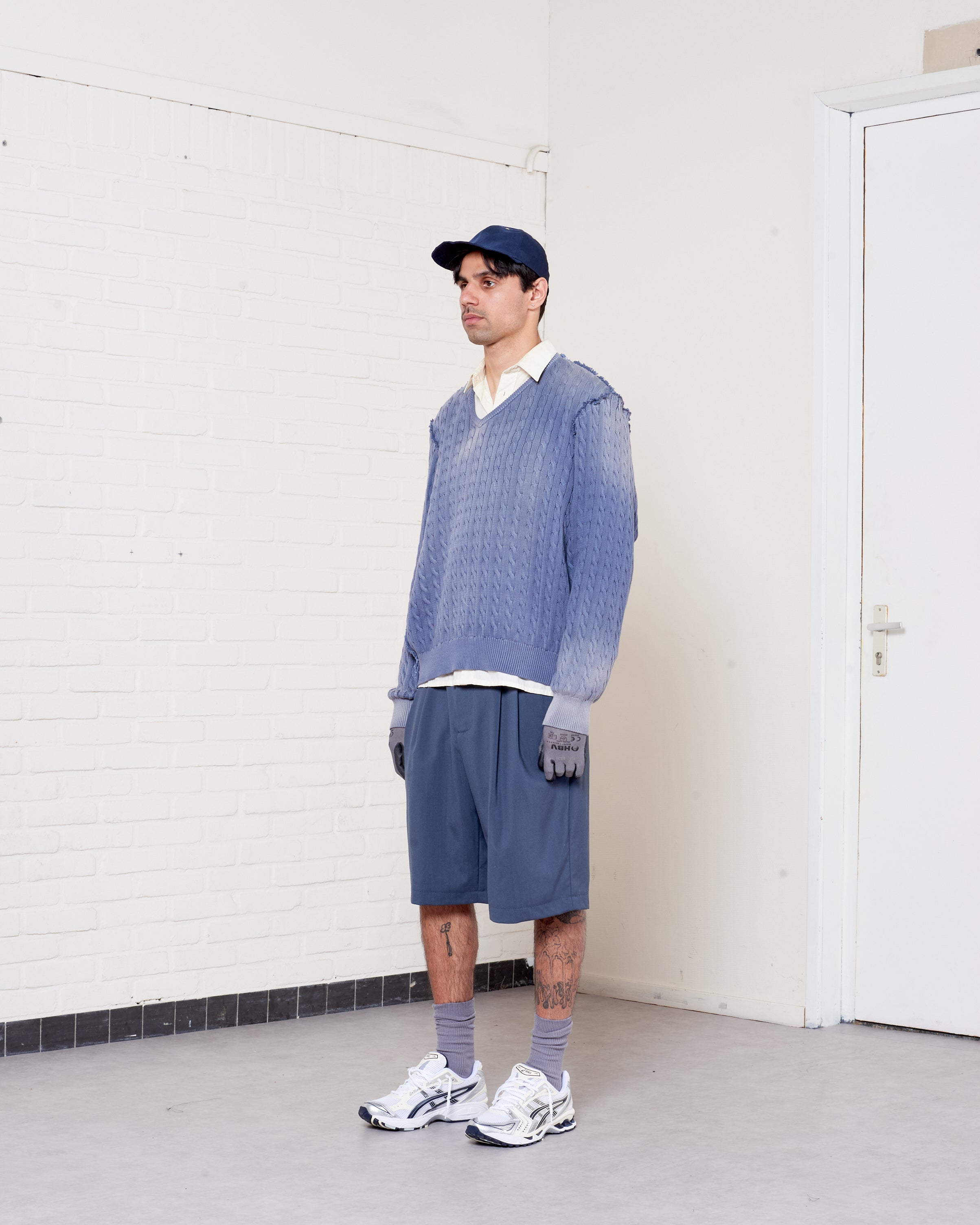 CF.21.03.03.01 FRANKENSTEIN CABLE V-NECK cotton cable knit petrol